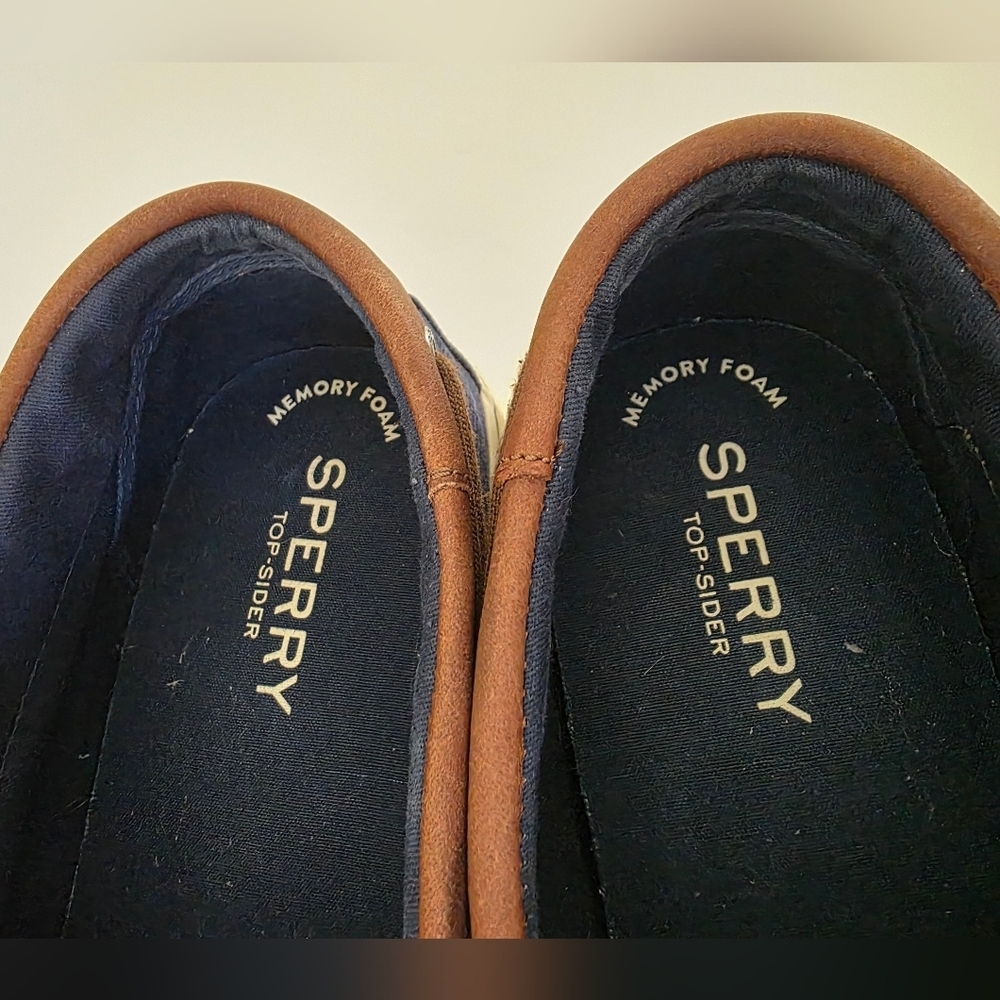 Sperry Halyard 2 Eye Boat Shoes Navy Denim Leather Trim MN 13 Wide Preppy Casual - Picture 9 of 12